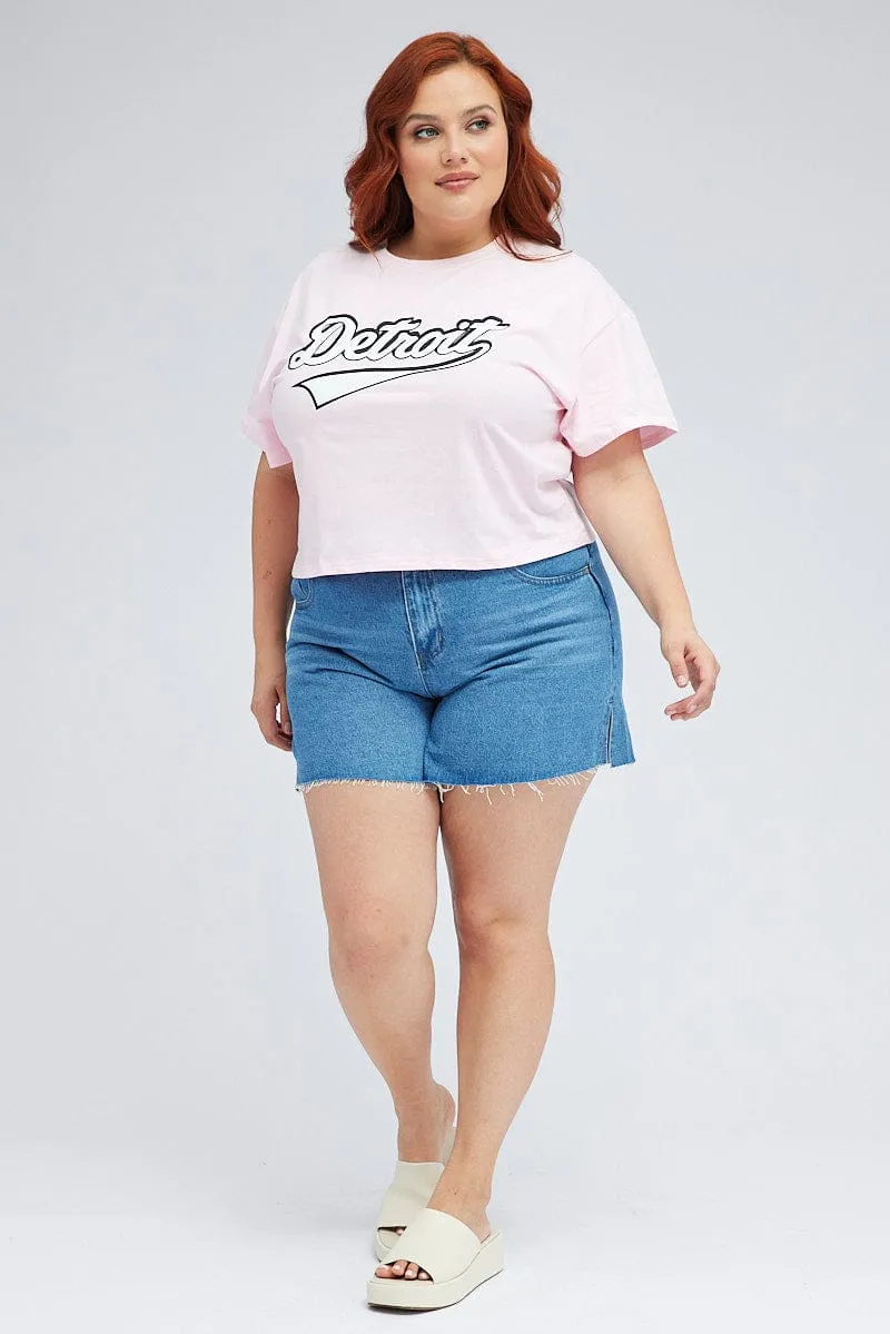 Pink Graphic T-shirt Detroit Crop Cotton Colorfast Material funky
